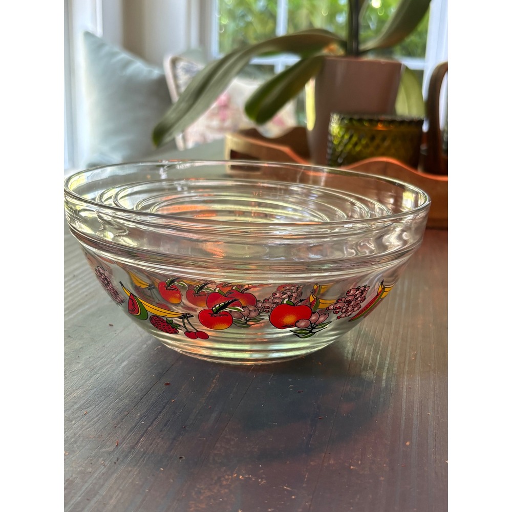 Vintage Fruit Motif Glass Nesting Mixing Bowls Set of 5 Heat Resistant Clear - Picture 3 of 12